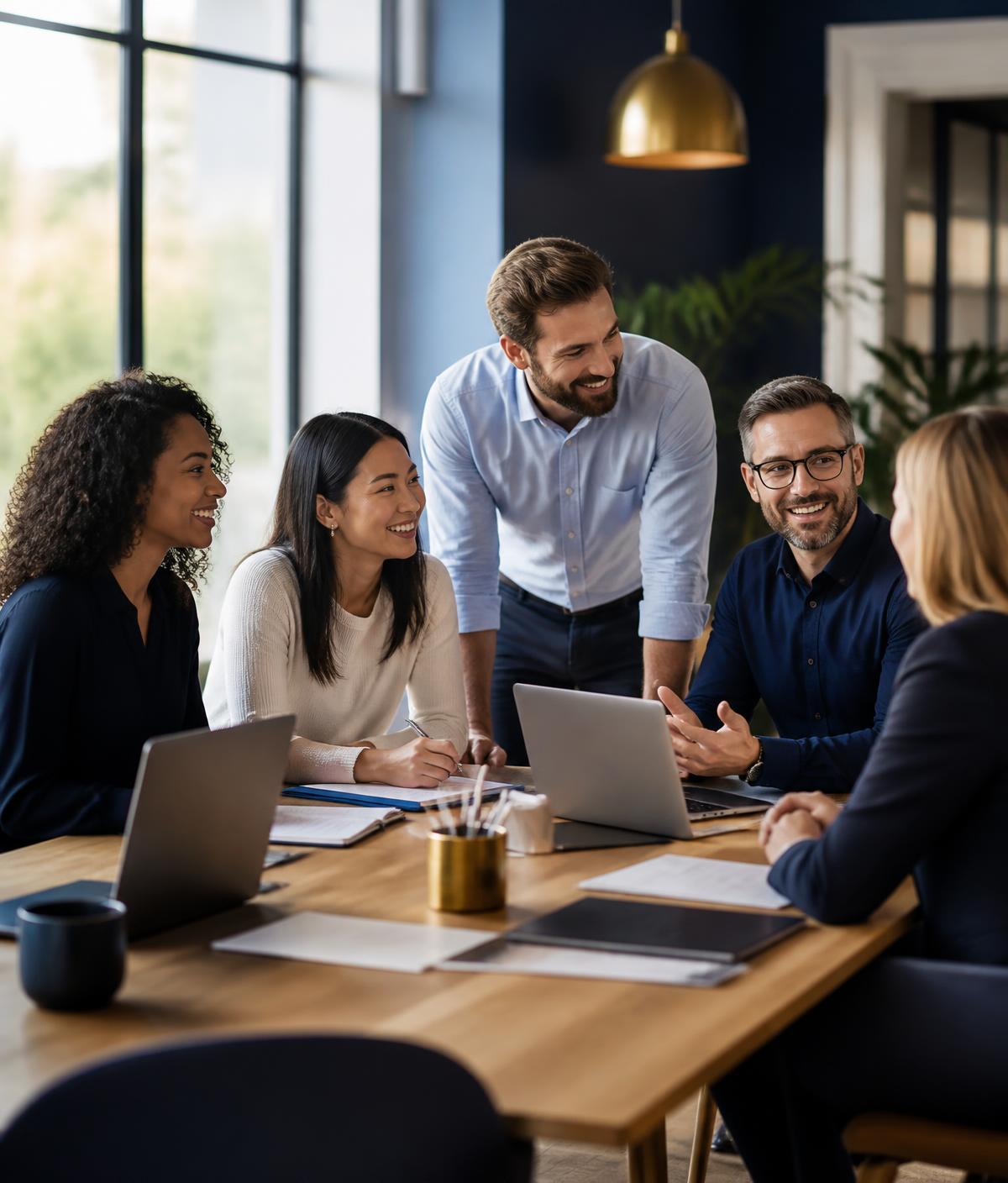 Professional insurance sales team collaborating in a modern office